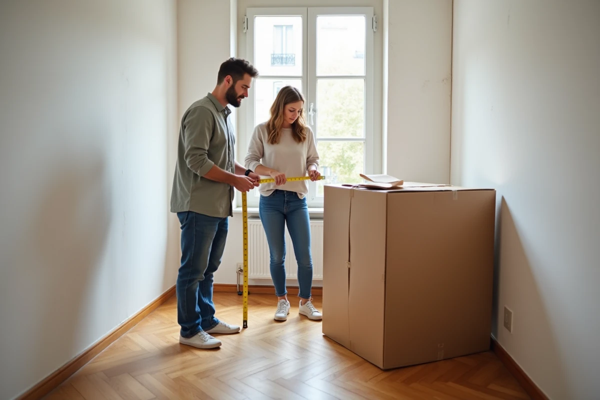 Couple mesurant un carton de meuble dans un appartement T2 vide lors d'un déménagement
