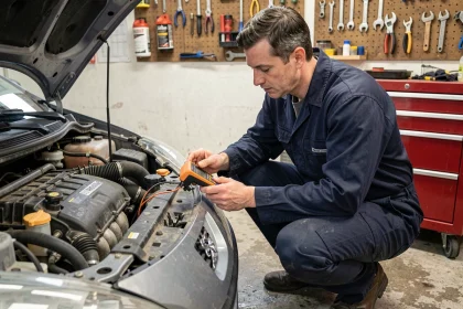 Mécanicien amateur inspectant le capteur de position arbre à cames sur un moteur Peugeot 1.6 HDI dans un garage, diagnostic du code défaut P1351