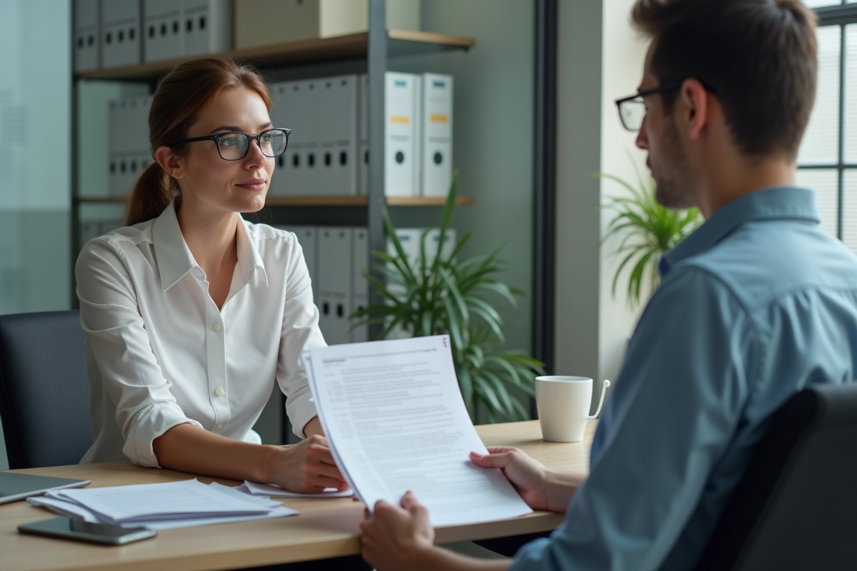 Femme et jeune homme discutent de papiers dans un bureau moderne