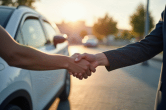 Deux personnes se serrant la main près d'une Peugeot 2008 blanche