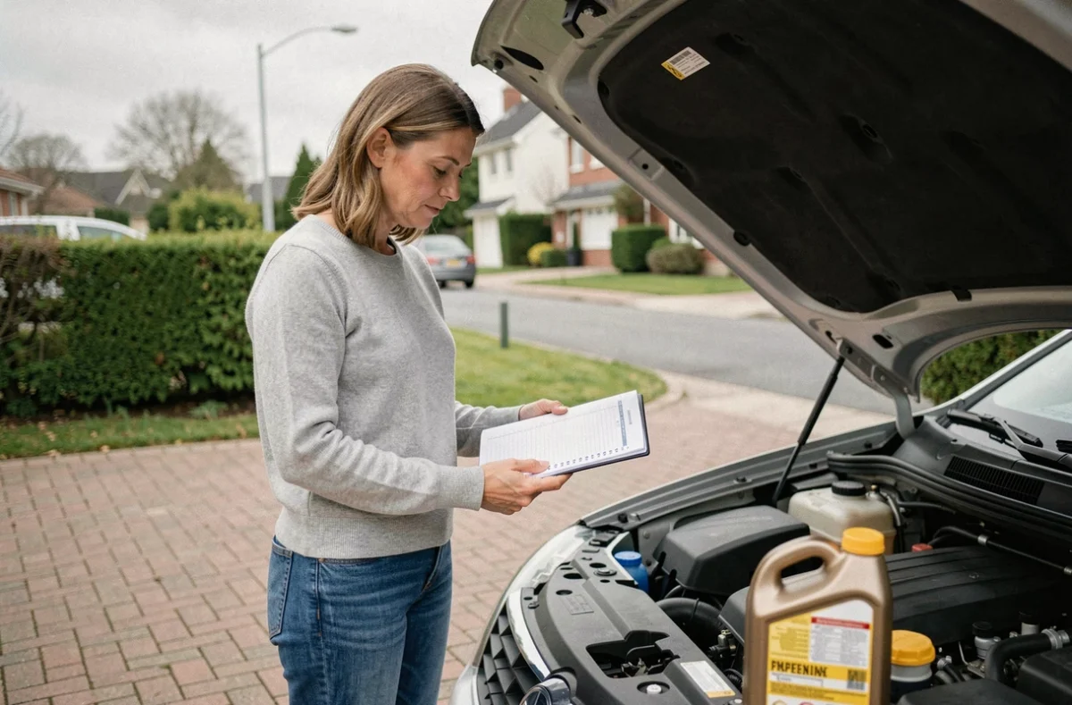 Femme consultant le carnet d'entretien de sa voiture pour vérifier l'intervalle de vidange de la boîte Eat8