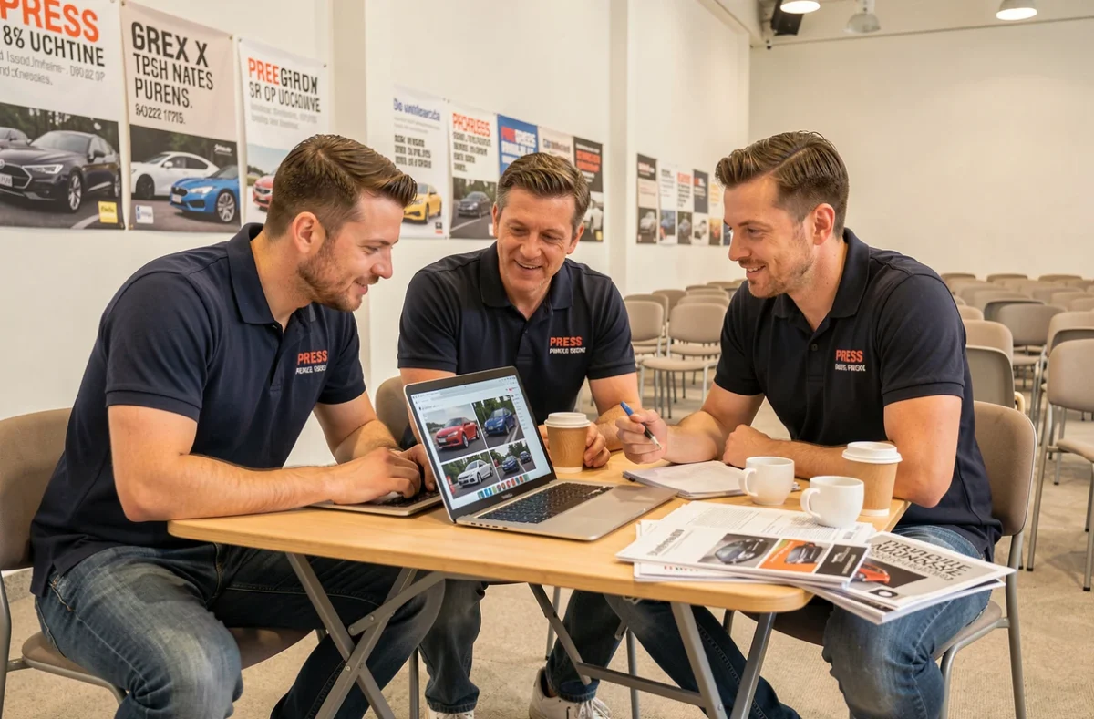 Équipe de journalistes automobiles analysant des photos de voitures sur ordinateur lors d'une conférence de presse
