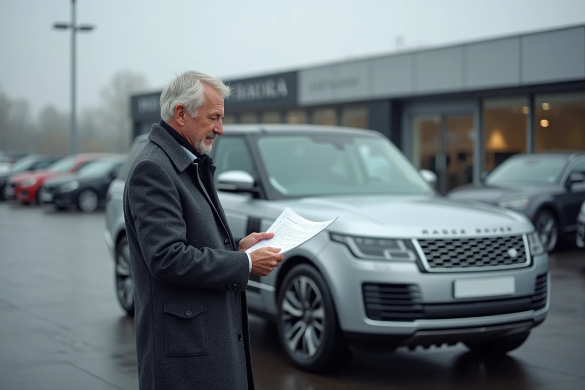 Homme examinant des documents contractuels devant un SUV premium dans un parc automobile prestige