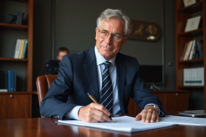 Homme d'affaires en costume navy dans un bureau moderne
