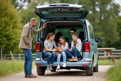 Famille de cinq personnes déchargeant un van en pleine nature