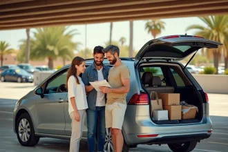 Famille avec minivan dans un parking extérieur de Barcelone, consultant une carte et un smartphone pour trouver un stationnement gratuit