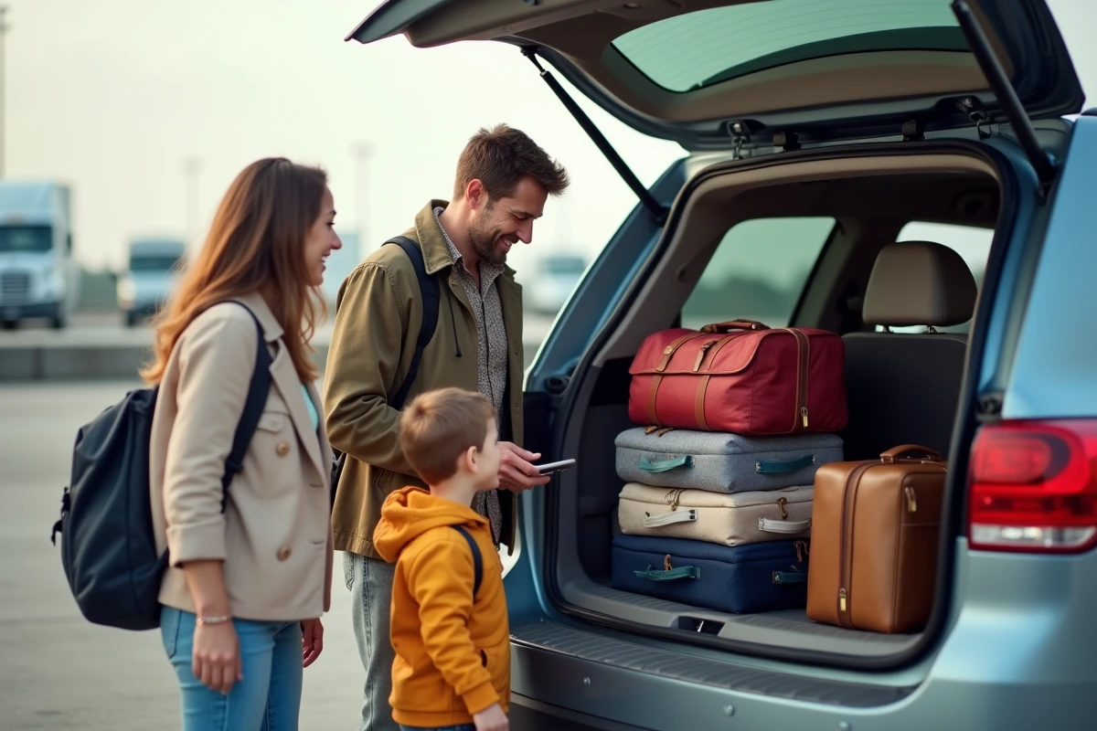 Famille discutant devant le coffre d