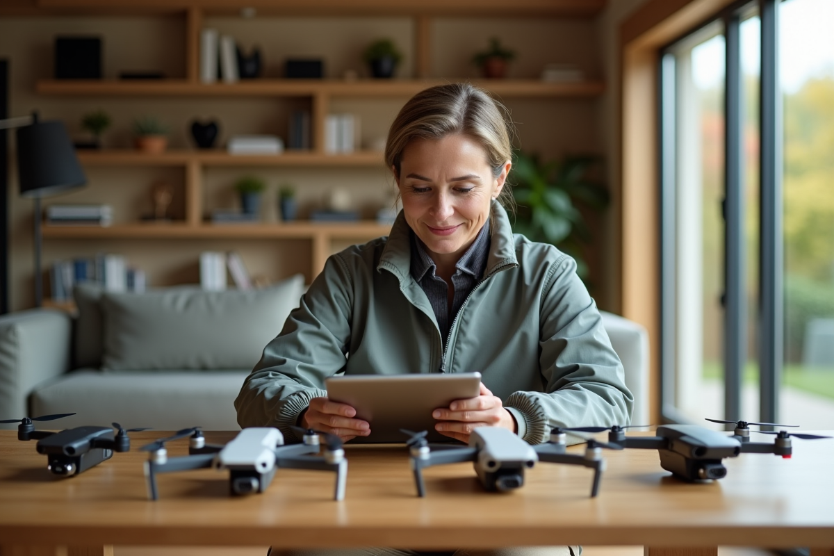 Femme analysant des drones dans un intérieur moderne