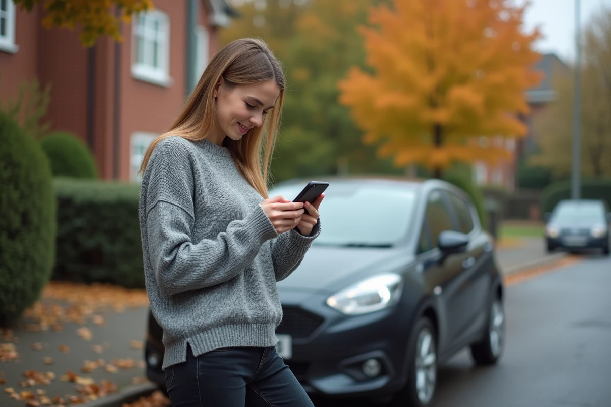 Femme consultant une application de comparaison d'assurance auto sur smartphone à côté de sa voiture en milieu urbain