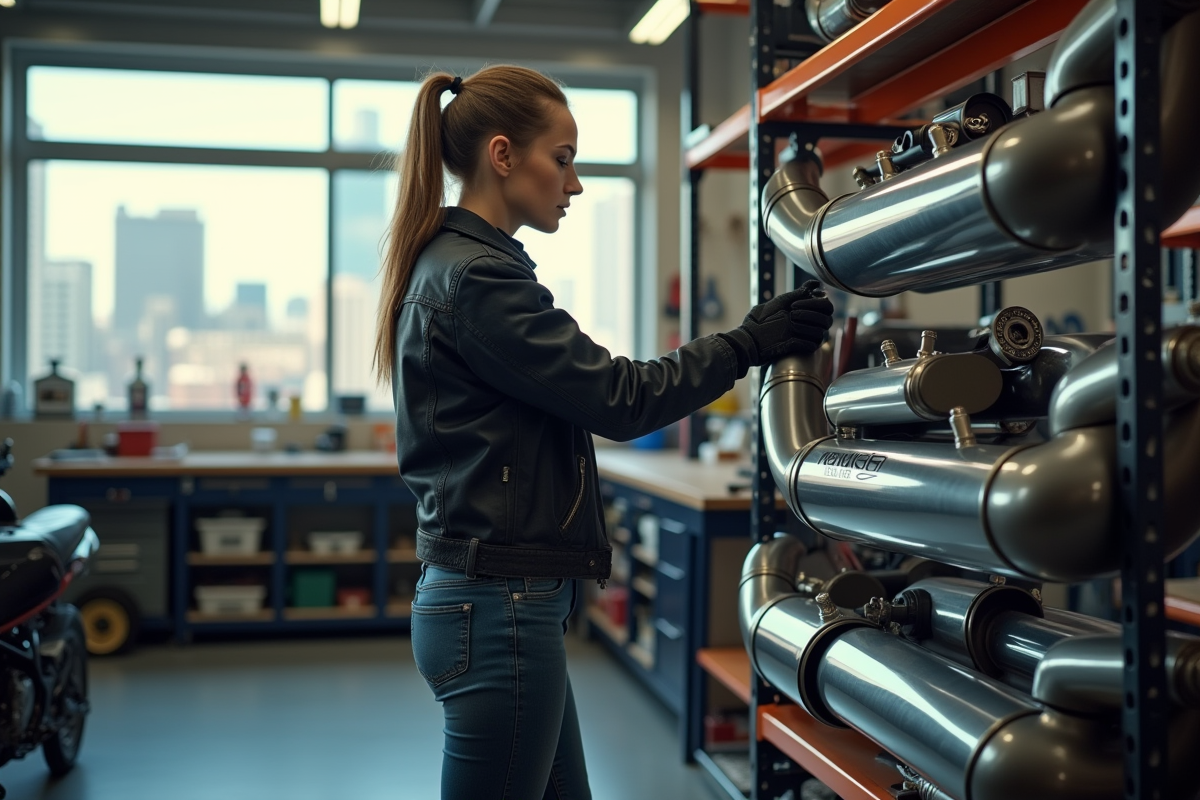 Femme examinant silencers dans un atelier moto moderne