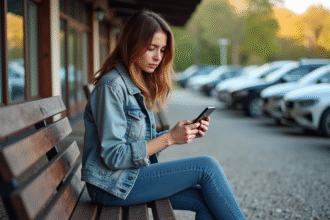 Jeune femme assise sur un banc de gare rurale vérifiant son smartphone