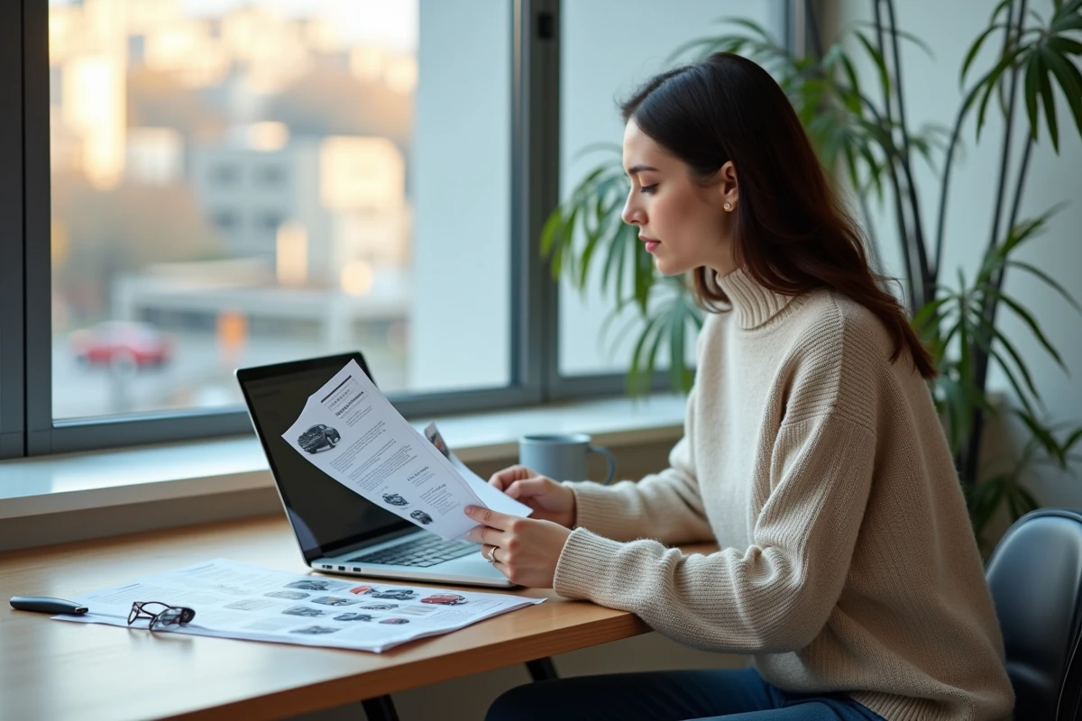 Femme analyse des brochures automobiles à la maison