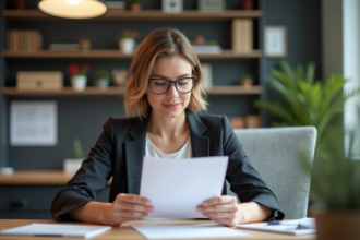 Femme d'affaires vérifiant des documents de garantie à son bureau