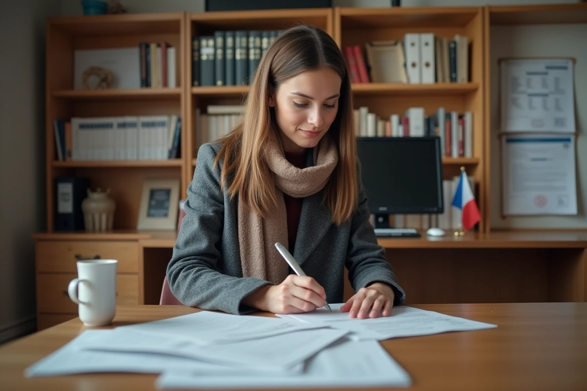 Femme remplissant papiers dans un bureau de prefecture