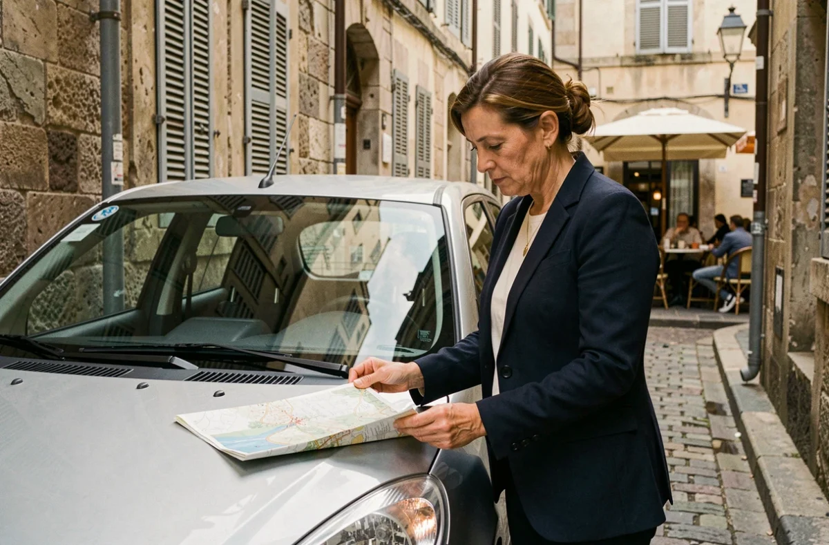 Femme consultant une carte routière sur une rue pavée en milieu urbain à côté d'une voiture garée