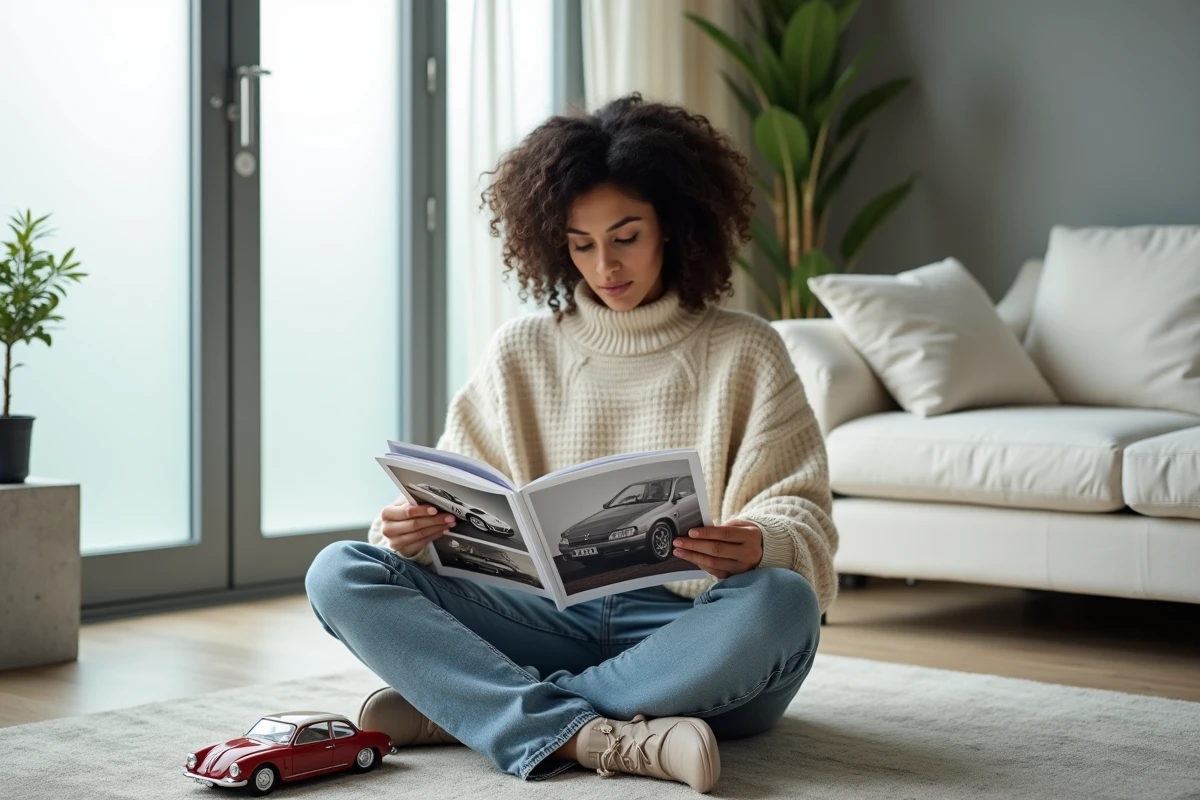 Jeune femme assise sur un tapis consultant un catalogue de collection automobile avec des modèles réduits Peugeot posés à côté d'elle dans un salon minimaliste