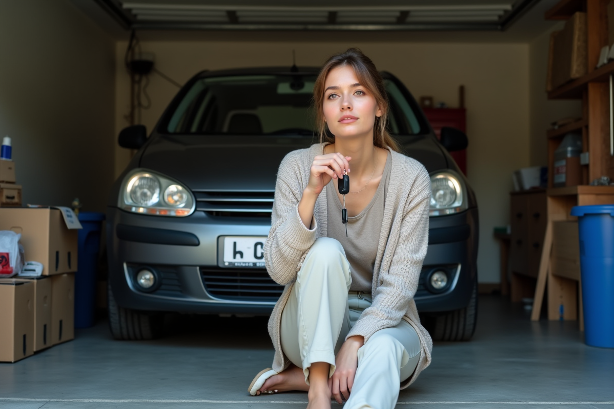 Jeune femme tenant ses clés de voiture dans un garage domestique