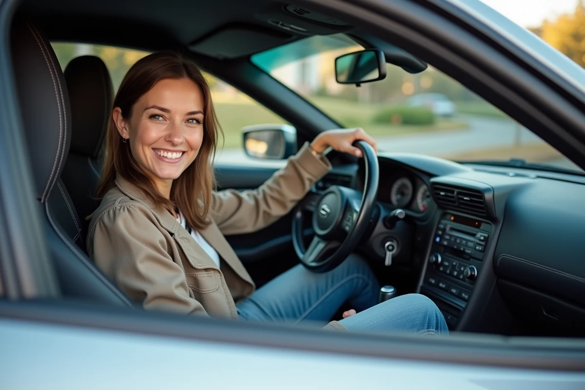 Femme souriante dans une voiture sportive argentée