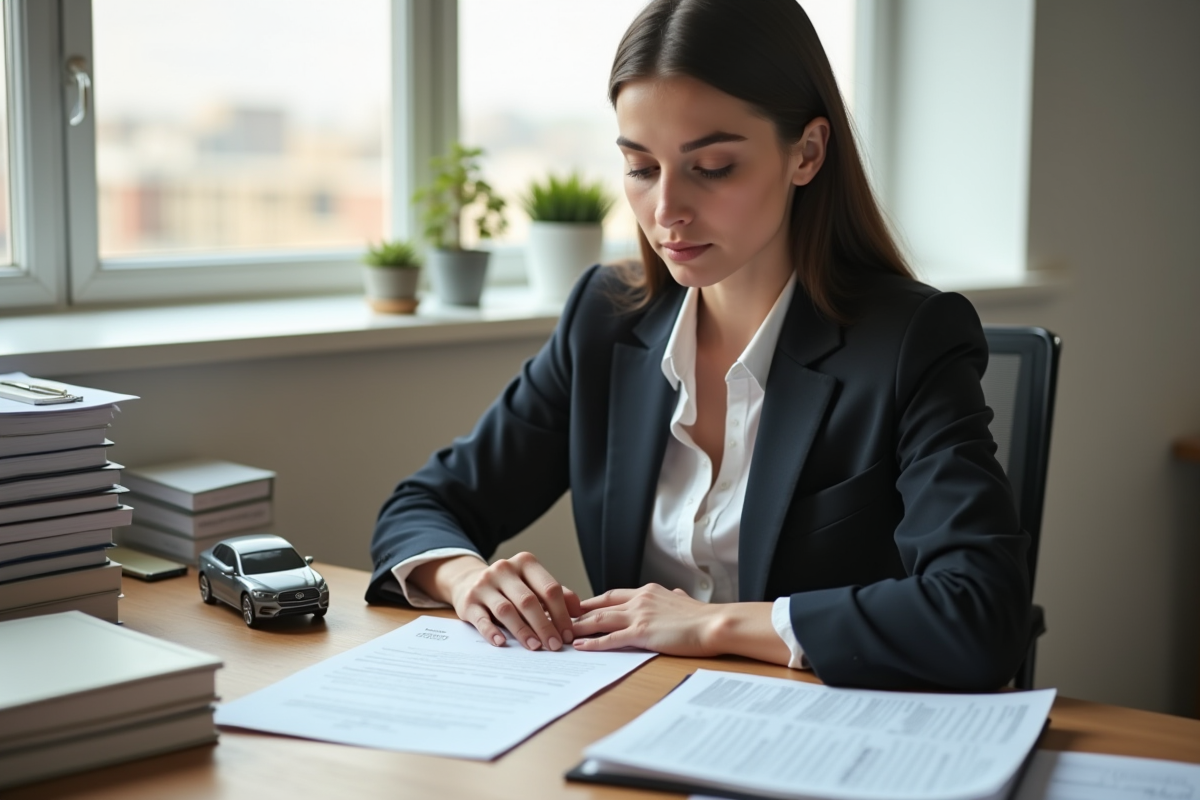 Jeune femme en bureau examinant son contrat d