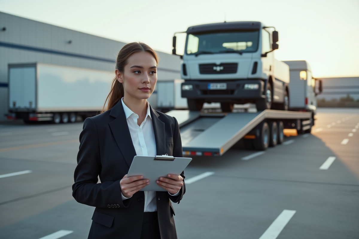 Jeune femme en costume vérifiant un document près d