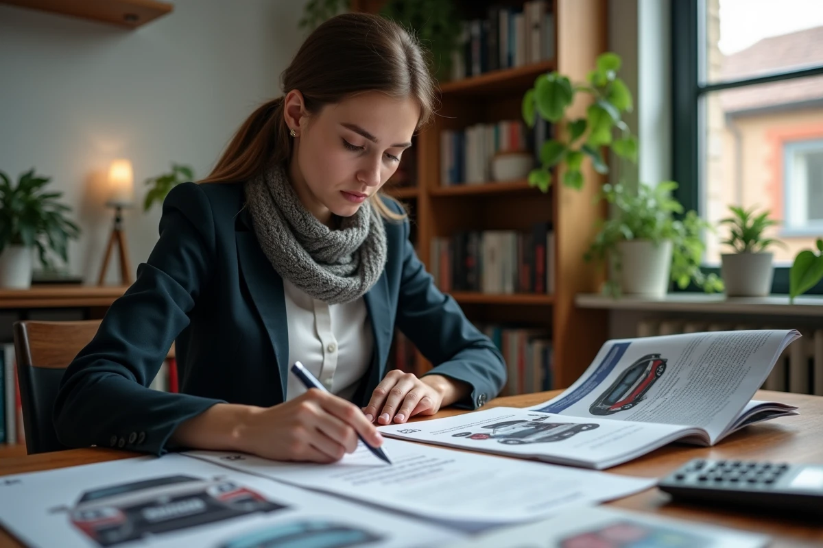 Femme étudiant documents de taxe automobile à son bureau