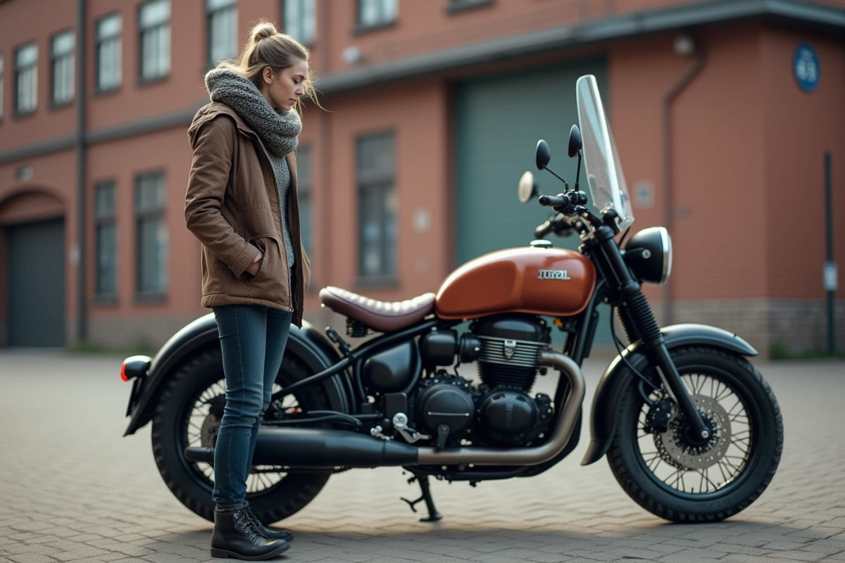 Jeune femme inspectant une moto Ural dehors