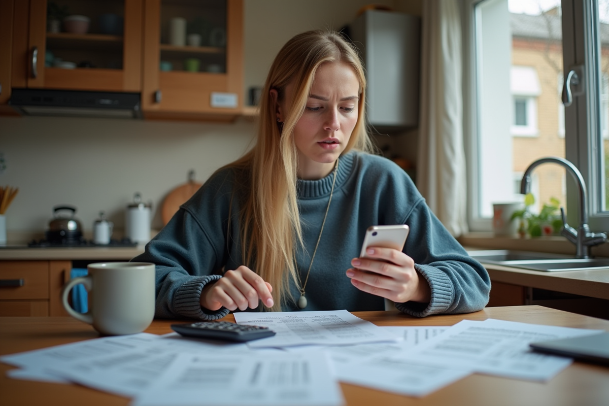 Jeune femme vérifiant ses papiers de voiture à la maison