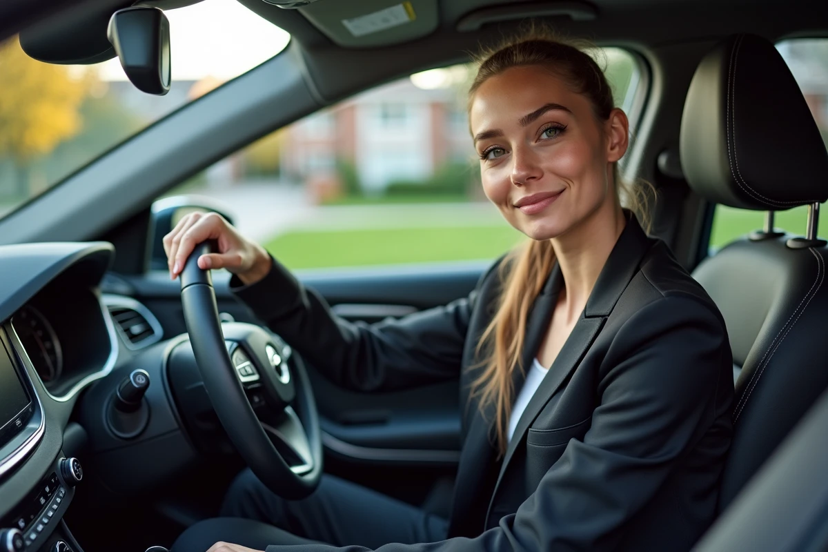 Jeune femme dans la voiture regardant l embleme