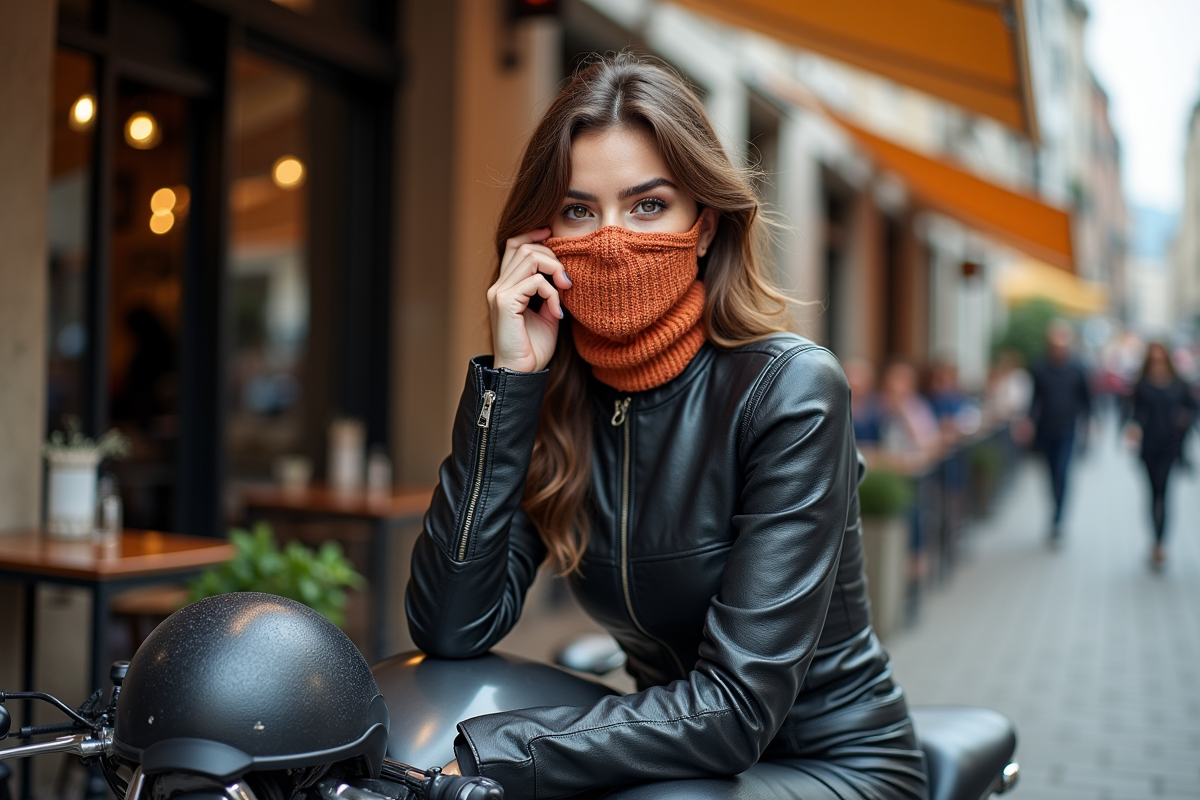 Femme motarde ajustant son masque en ville