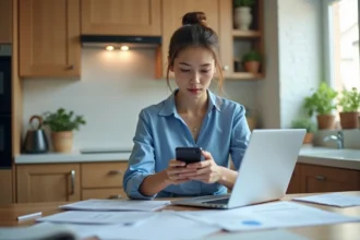 Femme en blouse bleue consulte ses papiers dans la cuisine