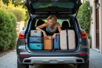 Femme arrangeant des bagages dans le coffre d'un SUV