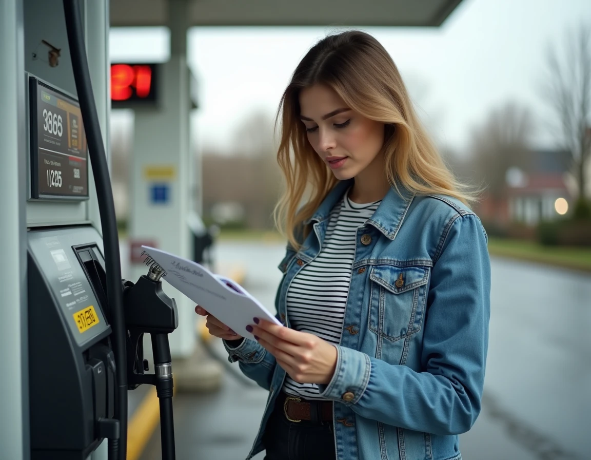 Femme faisant le plein d'essence en notant le coût du carburant pour un road trip économique