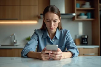 Femme d'affaires cherche son smartphone dans une cuisine moderne