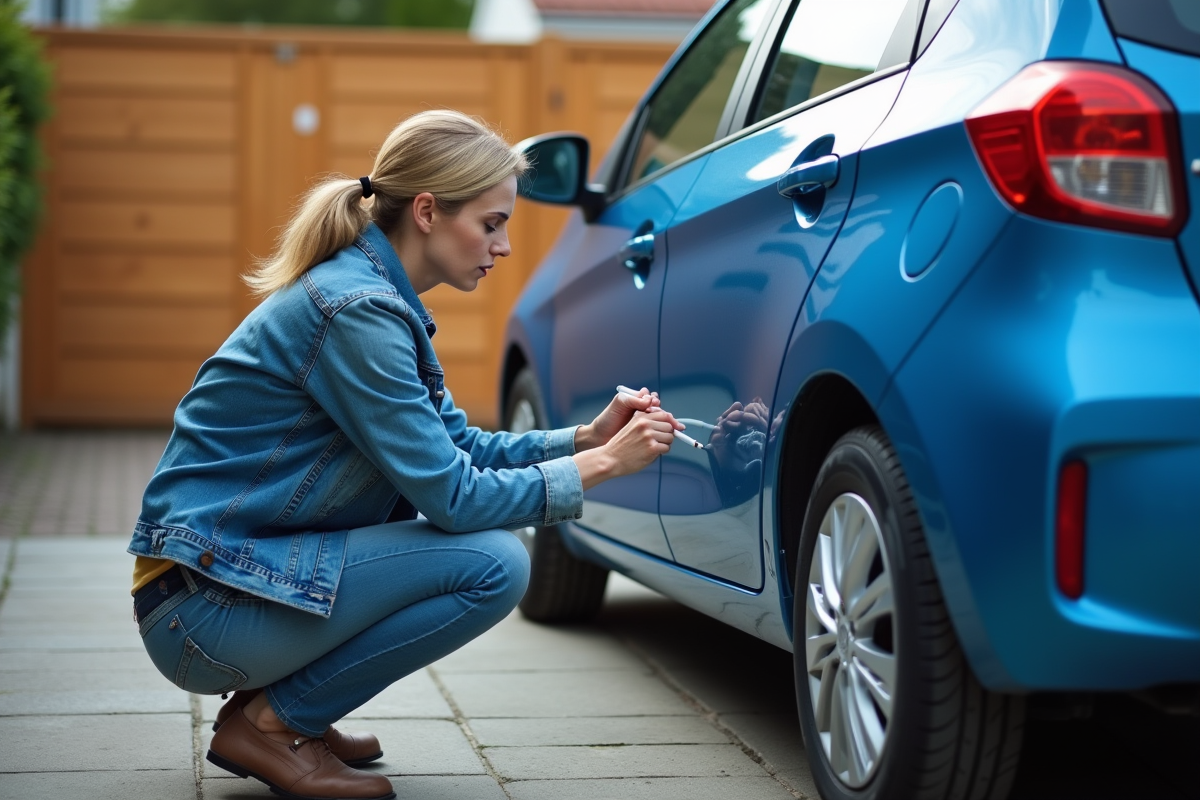 Femme appliquant un stylo de réparation sur une voiture bleue