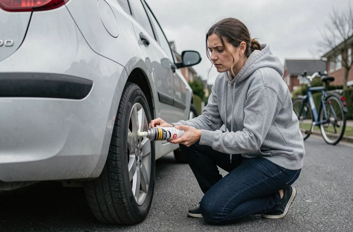 Femme utilisant une bombe de mousse gonflante pour réparer un pneu tubeless crevé en bord de rue