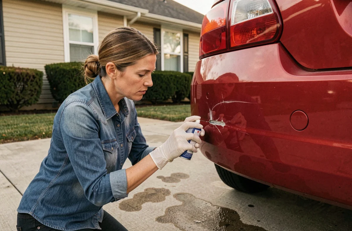 Femme comparant une bombe de peinture carrosserie à une éclat de peinture sur un pare-chocs rouge dans une allée résidentielle