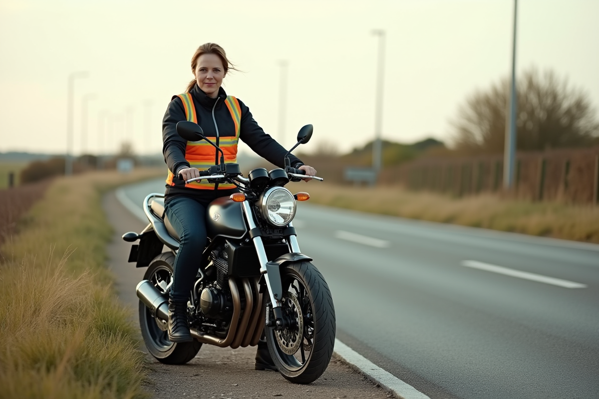 Femme motarde sur route de campagne avec veste haute visibilité