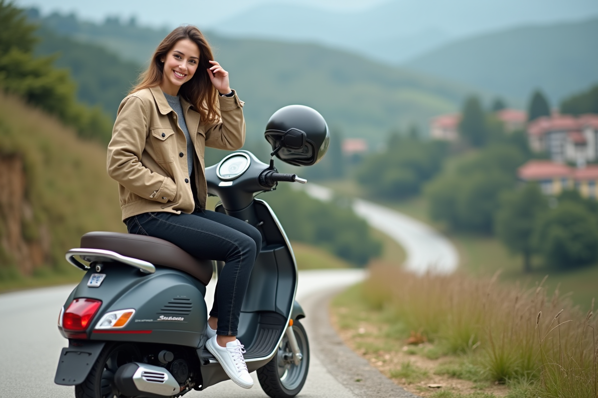 Femme souriante sur scooter en bord de colline