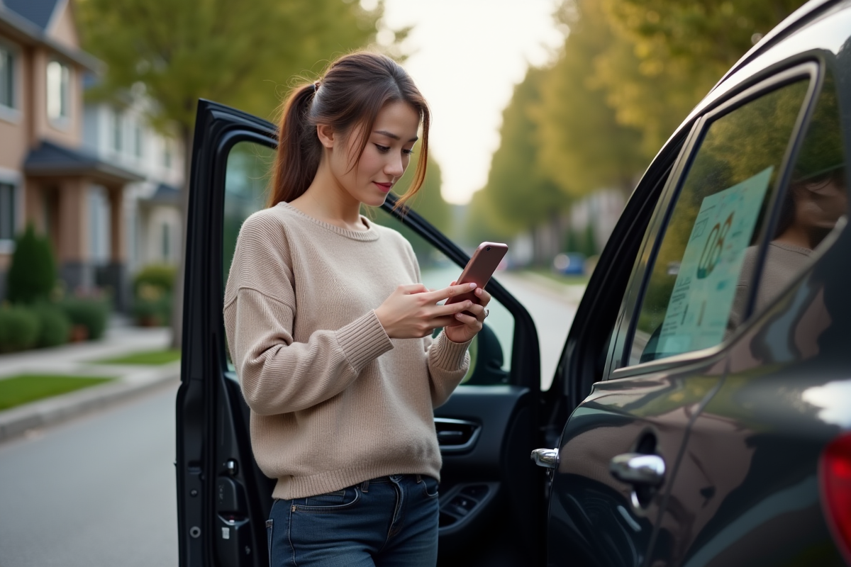 Femme vérifiant la carte sur son smartphone à côté de la voiture