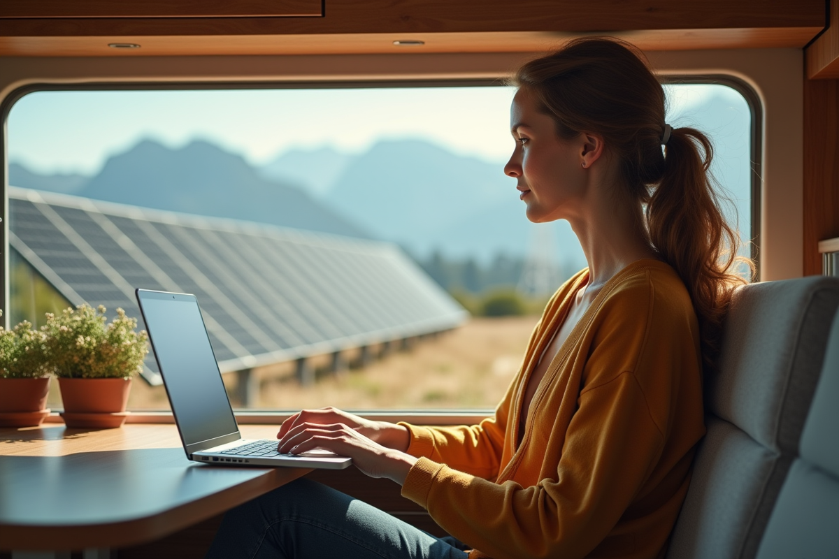 Jeune femme travaillant dans van avec vue montagne