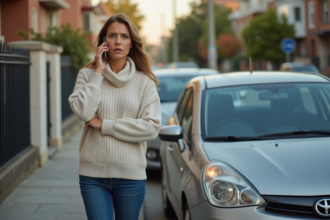 Femme urbaine au téléphone devant sa voiture stationnée
