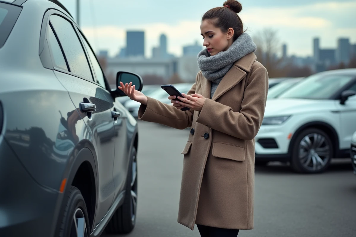 Jeune femme regardant un pneu de voiture dans un parking urbain