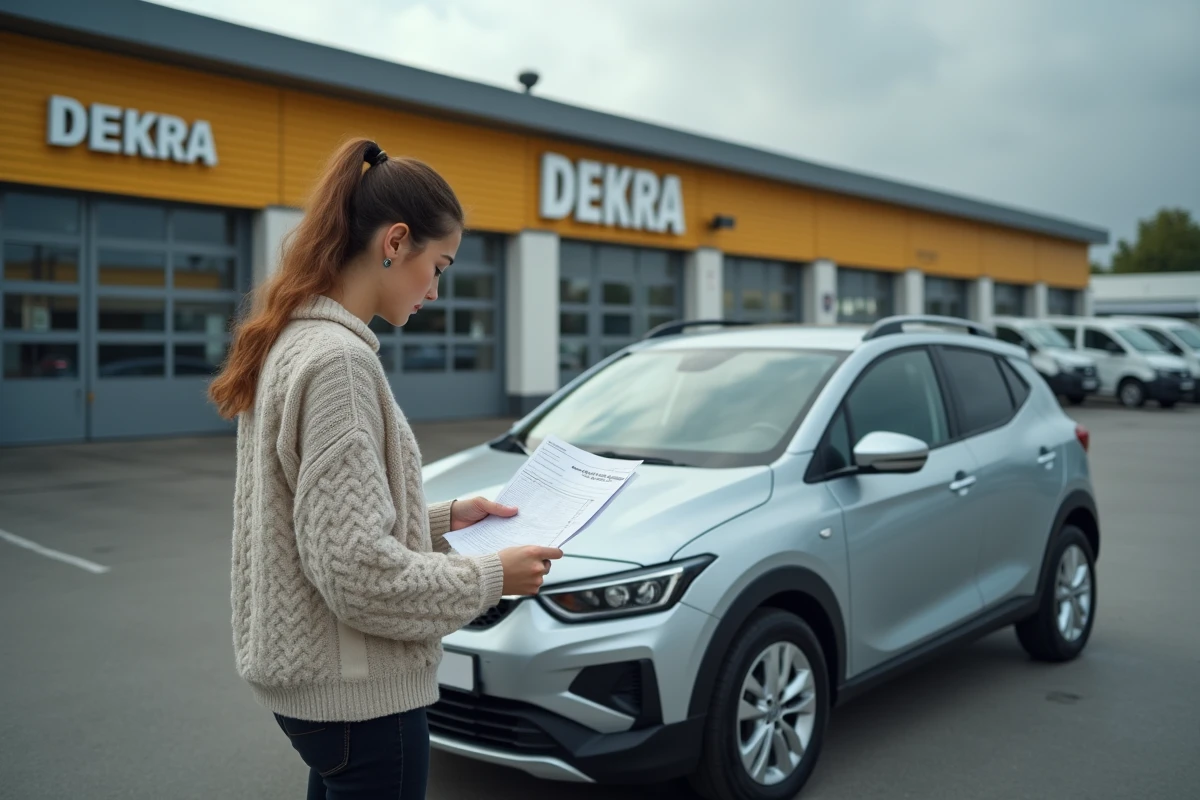 Jeune femme examinant un rapport de contrôle auto à Dekra
