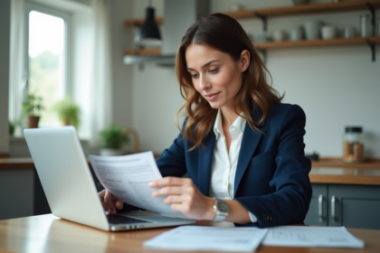 Jeune femme vérifiant un PV sur son ordinateur dans la cuisine