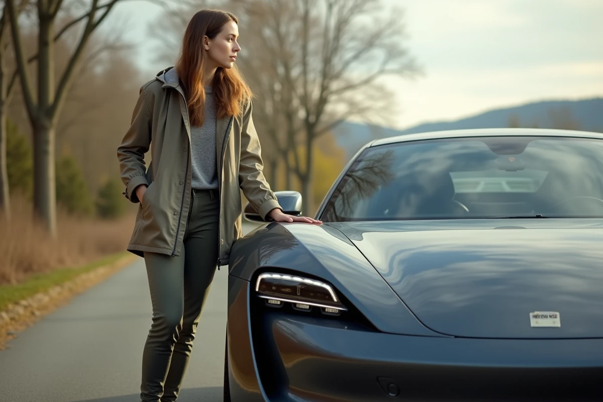 Femme regardant une voiture électrique dans un paysage printanier