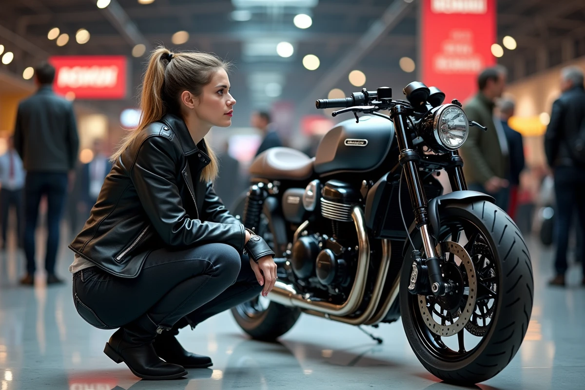 Femme en blouson moto regardant une moto en exposition