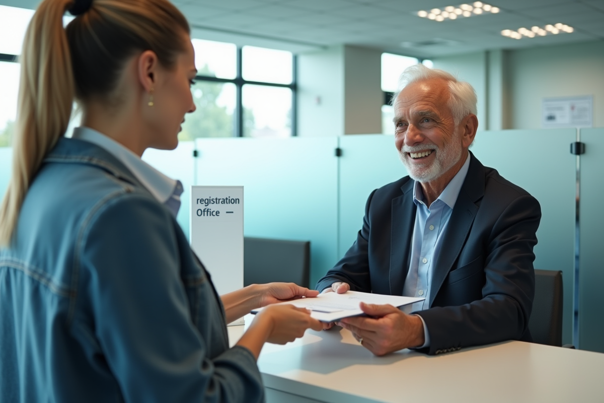 Jeune femme et son père âgé remettant un dossier à un agent administratif