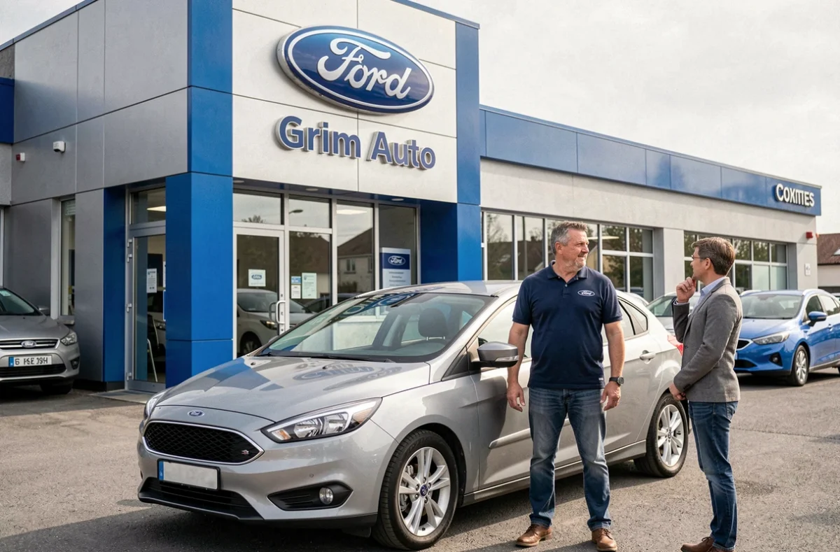 Façade de Ford Grim Auto avec un vendeur et un client devant une Ford d'occasion sur le parvis