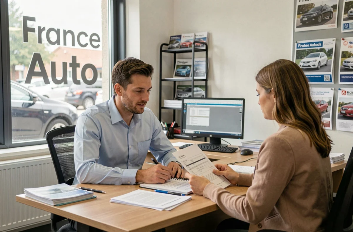 Bureau de vente France Auto avec un conseiller et une cliente discutant des documents d'un véhicule d'occasion