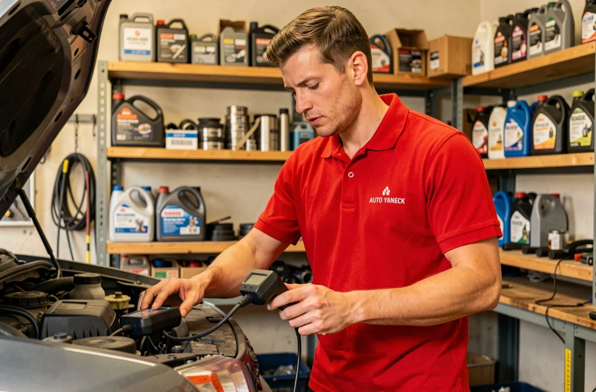 Mécanicien de Garage Auto Yaneck effectuant un diagnostic électronique sur un véhicule avec un scanner OBD dans l'atelier